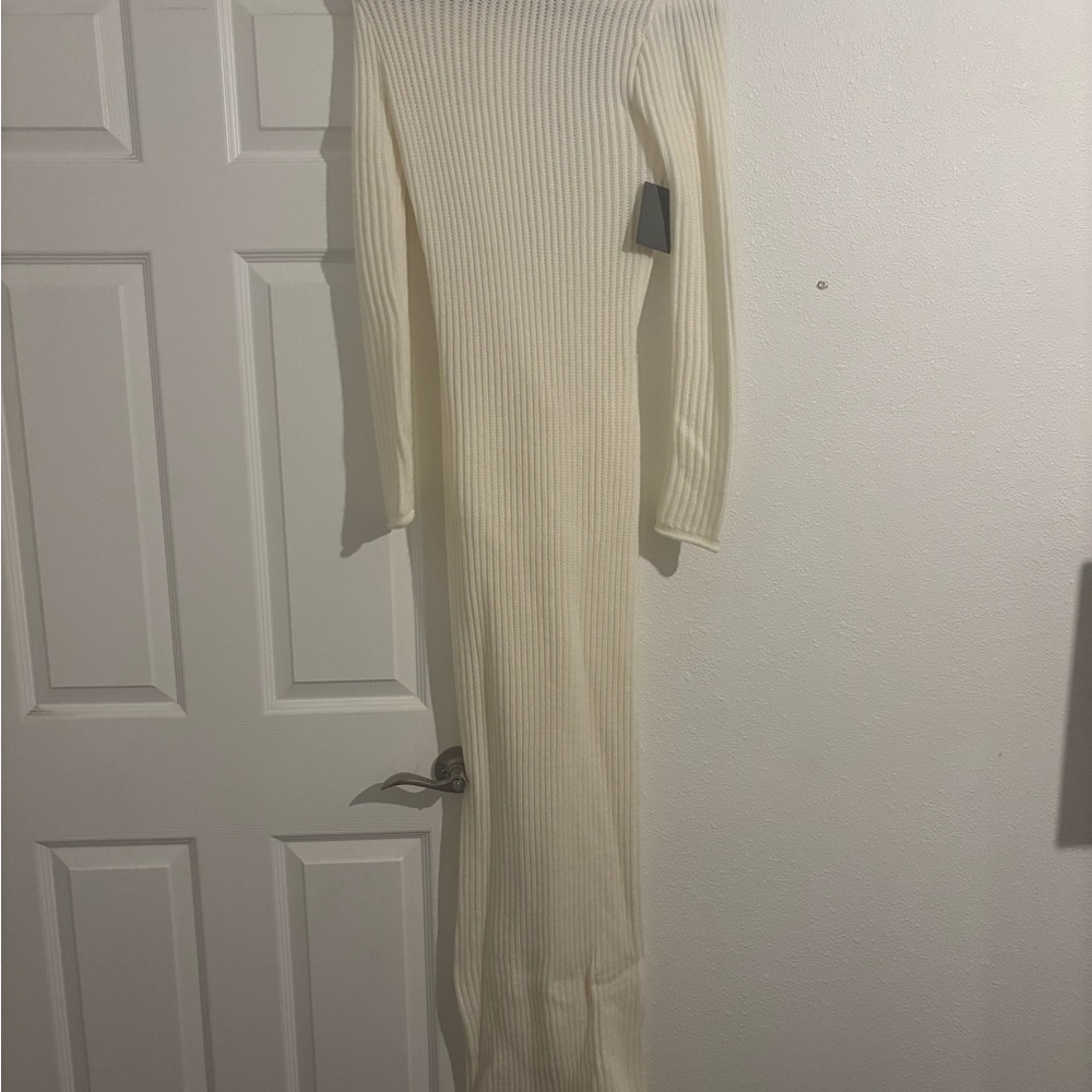 JLUXLABEL Cream Ribbed Long Sleeve Mock Neck Dress